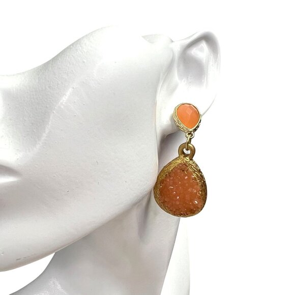 Faux Druzy Crystal Dangle Earrings Peach Coral Gold Tone - Picture 1 of 6